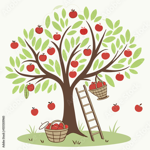 Whimsical apple tree illustration with bountiful harvest ready for picking