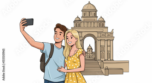A couple capturing memories while visiting an old building.