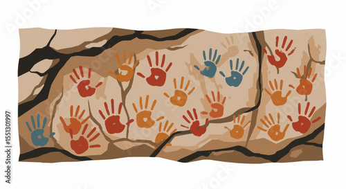 Handprints art on the stone wall, the marks of many hands left by people, in history.