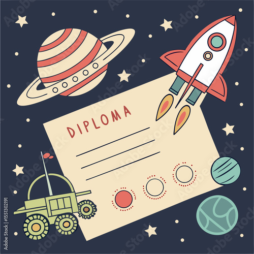 Astro achievement illustration featuring diploma among celestial elements and rover