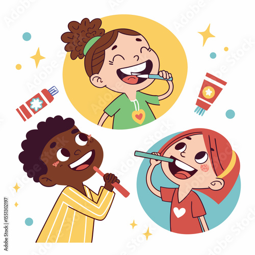 A Multiracial Group of Children Engage in Dental Hygiene Routines Together