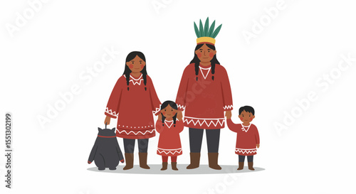 A native family poses, dressed in traditional garments, with a bear toy. 