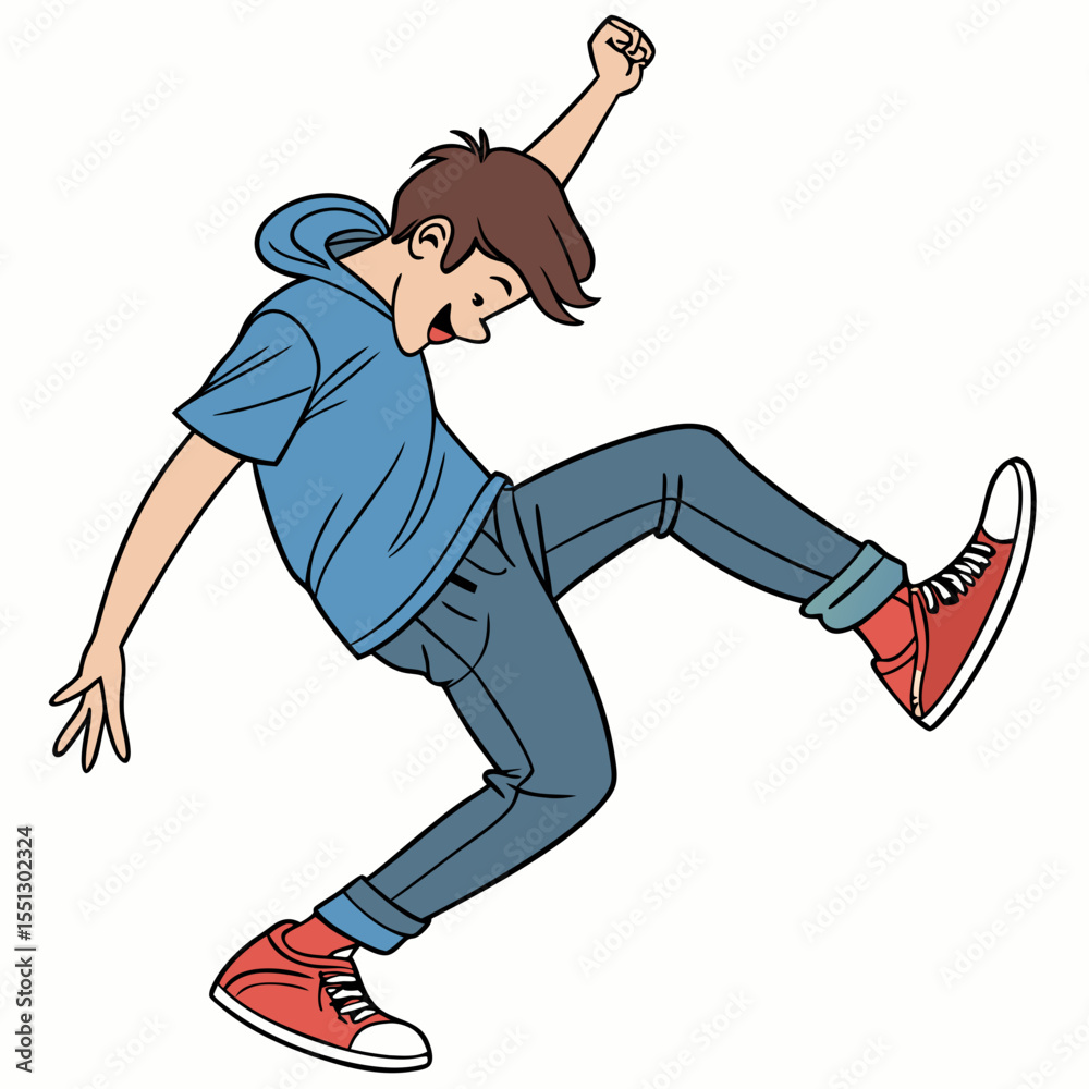 Dynamic youth depicted in an exuberant pose expressing happiness and energy