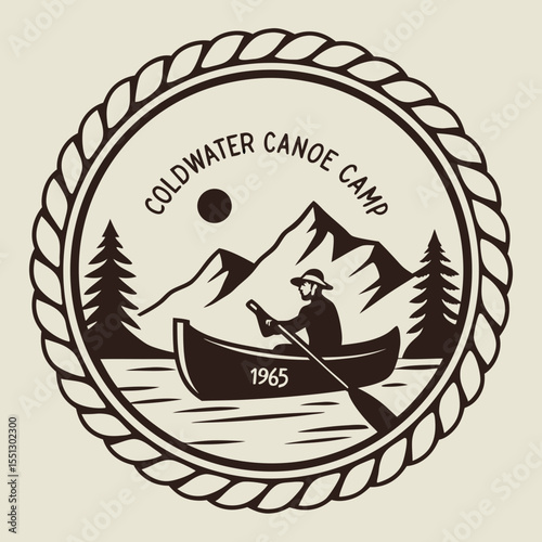 Vintage style emblem displaying canoeing adventure in mountainous camp region