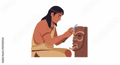 Craftsman at work creating wooden mask.