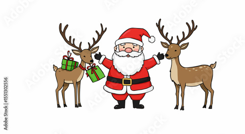 Santa Claus and reindeer smiling in a Christmas themed setting.