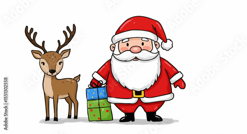 Santa Claus stands next to a reindeer, holding gifts, in preparation for the festive season. 