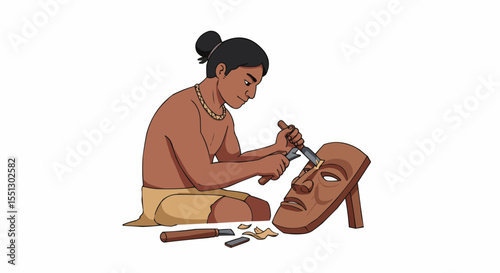 An artisan carves a traditional wooden mask, concentrating on his craft.