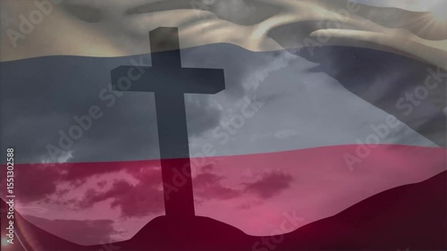 After stillness tricolor flag waving over cross silhouette revealing symbol under moving sunbeams