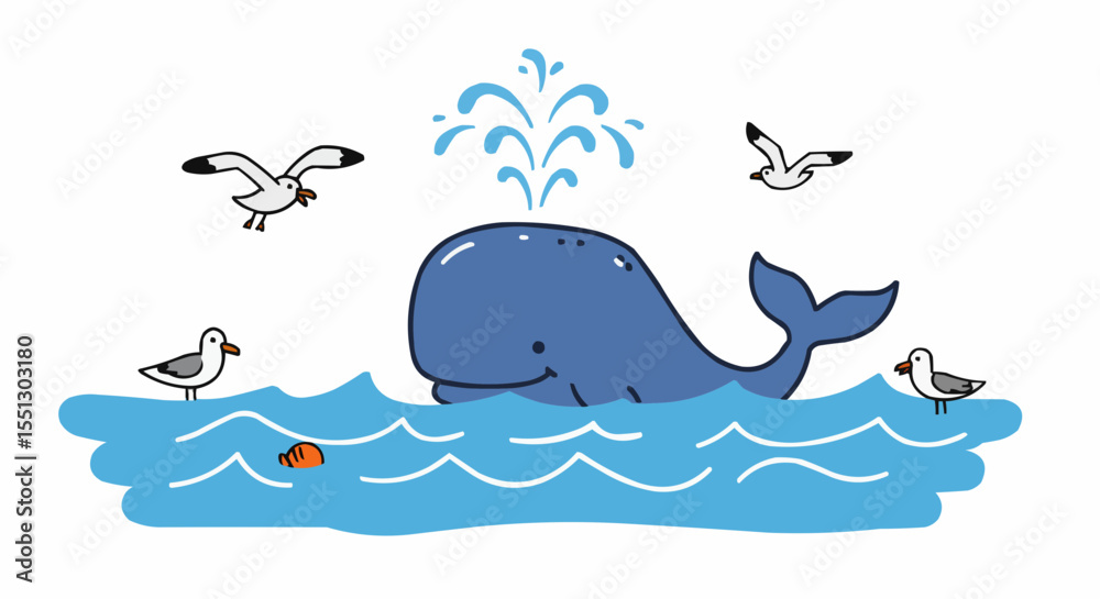 Naklejka premium An adorable illustration of a whale surrounded by sea gulls.