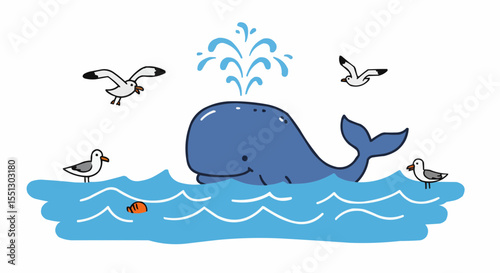 An adorable illustration of a whale surrounded by sea gulls.