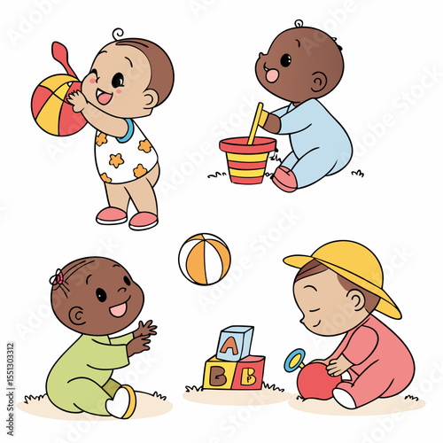 Illustrative depiction showcasing diverse babies enjoying playtime moments together
