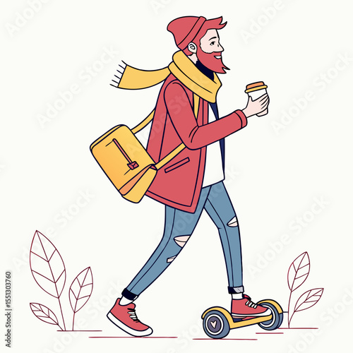Urban individual gliding through city streets with coffee and modern transport