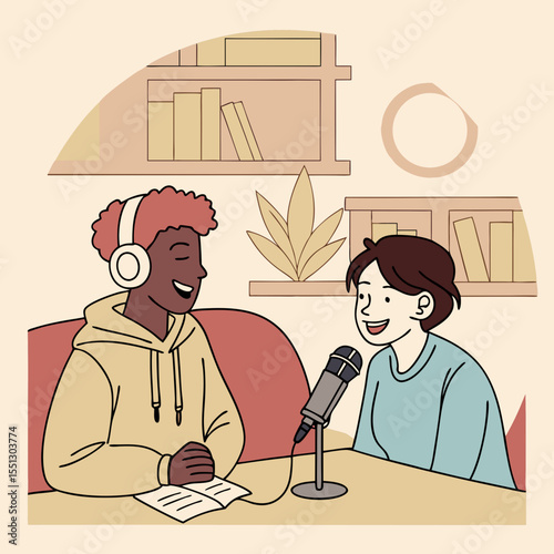 Engaging podcast session with diverse hosts in a cozy, creative studio setting