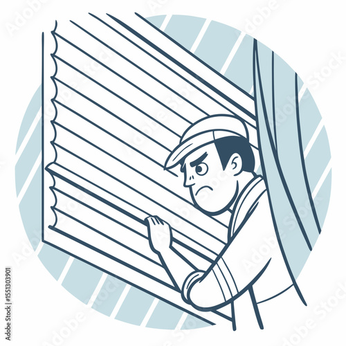 Intrigued observer peering through window blinds with a furrowed brow expression