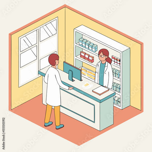 Isometric pharmacy interior, doctor and pharmacist interaction at the counter