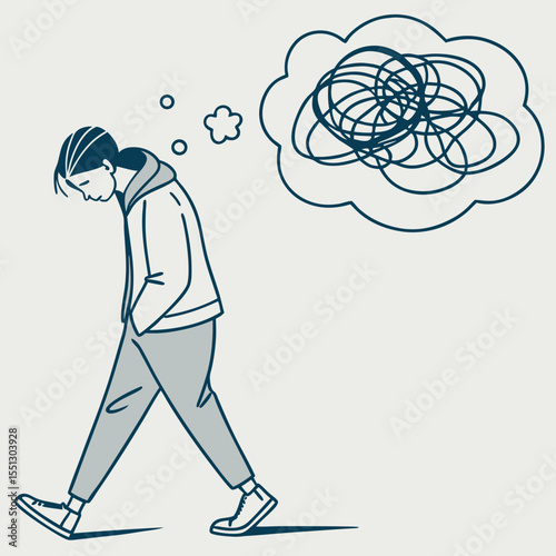 Depressed individual strolling with convoluted thought patterns clouding their mind