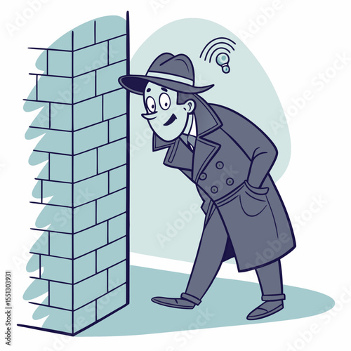 Cartoon illustration of a man spying by a wall with mysterious wifi signal
