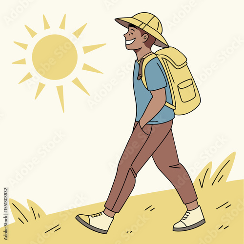 Cheerful solo traveler embarking on a sunny outdoor adventure illustration