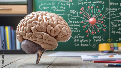 Detailed brain model with educational background.