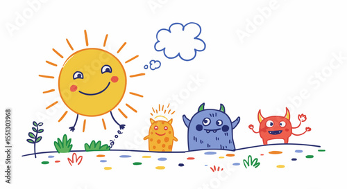 Cheerful sun and cute monsters illustration design.