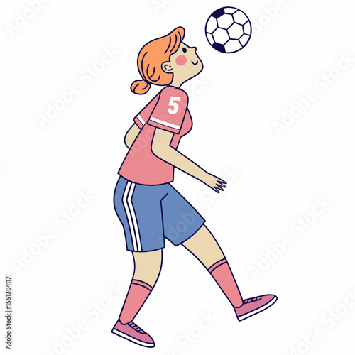 Animated depiction of a young woman skillfully heading a soccer ball in motion
