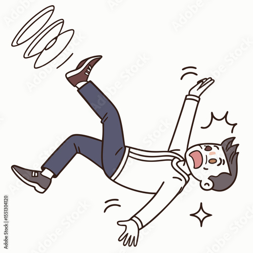 Cartoon figure experiencing a fall with signs of dizziness and disorientation