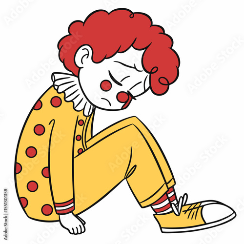 A somber jester contemplating existential anxieties within a minimalist design