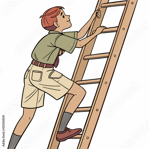 Illustration of a boy ascending a wooden ladder with a determined gaze