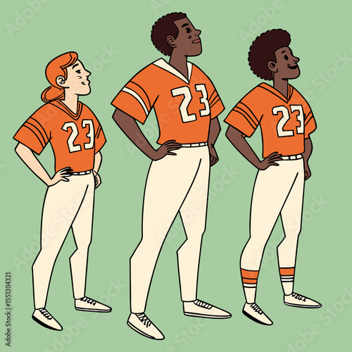 Diverse team aspiring for victory, illustrated with vintage charm and optimistic outlook