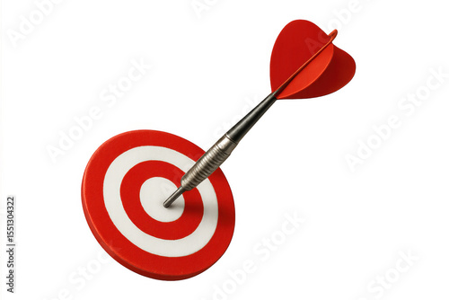 Red and white dartboard with a dart hitting the bullseye, symbolizing accuracy and success, isolated on a transparent background