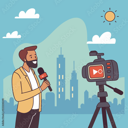 Cartoon reporter on location with city backdrop and video recording equipment