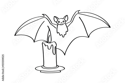 Line Art Bat Wings Spread Above Lit Candle black and white