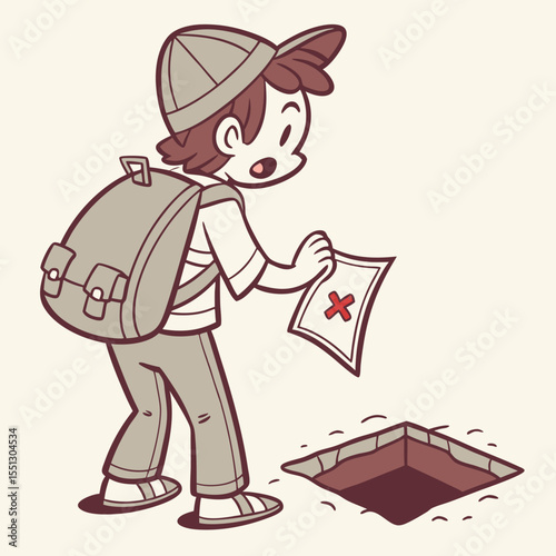 Cartoon explorer following a map, searching for hidden treasure in a secret location
