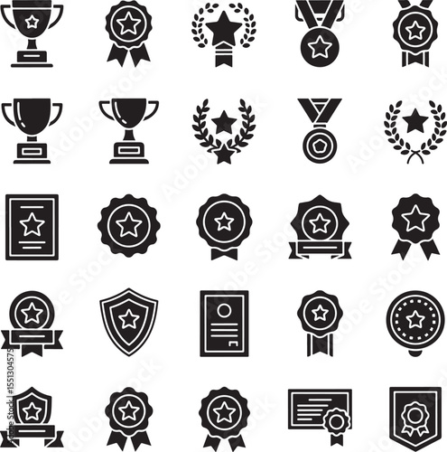 Collection of Black and White Achievement Icons Awards Trophies Medals Certificates Laurels Stars Ribbons Badges Silhouettes