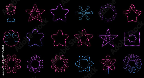 Various star and flower shapes appear on a black backdrop.