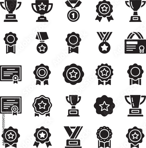 Collection of Black and White Award Icons Trophies Medals Ribbons Certificates Star Shapes Achievement Symbols