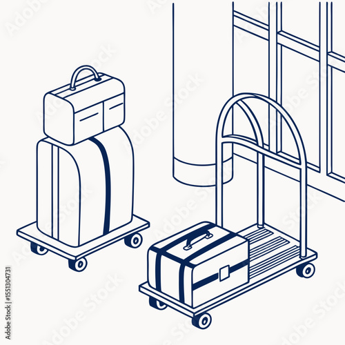 Stylized illustration depicting travel luggage and service trolley near a building