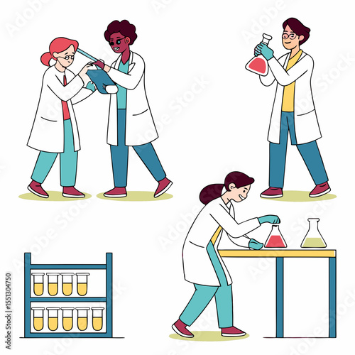 Diverse researchers conducting scientific experiments in a laboratory setting illustration