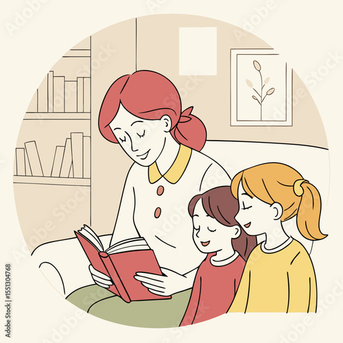 Warm scene of a mother reading a story to her two daughters at home