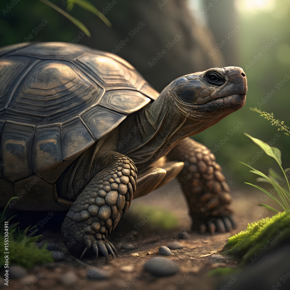 Naklejka premium Majestic Galapagos Tortoise in Lush Rainforest Habitat