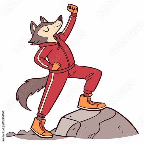 Enthusiastic wolf character in athletic attire striking a triumphant pose on a rock