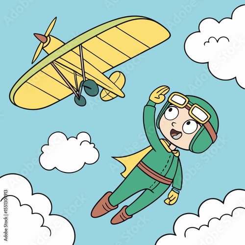 Illustrative soaring adventure featuring a cheerful aviator and vintage biplane
