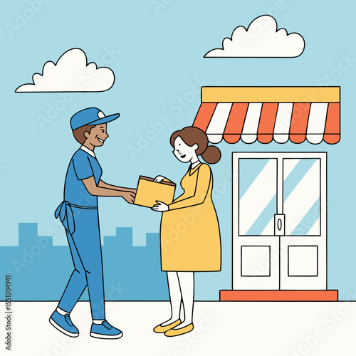 Delivery service brings package to a pregnant woman outside a retail shop