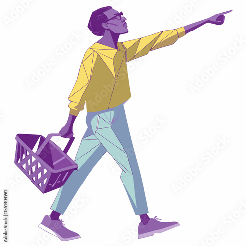 Geometric depiction of a shopper pointing, carrying a basket with purposefulness