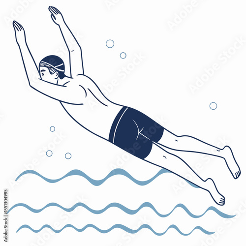 Stylized Line Art Depicting a Swimmer in Motion, Diving into Water