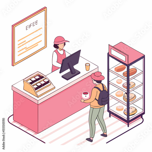 Isometric illustration of customer buying dessert at a stylish pink pastry shop