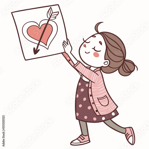 Enthusiastic girl holding a heart drawing symbolizing affection and love