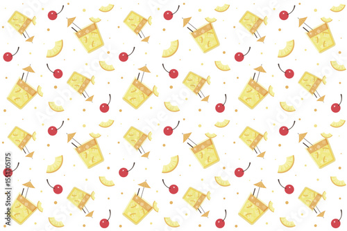 Seamless   pattern with cocktails on transparent background. Ornament with beverage. Cocktail concept. Mai Tai, pineapple, cherry. Repeat pattern.  Flat cartoon design. Vector illustration