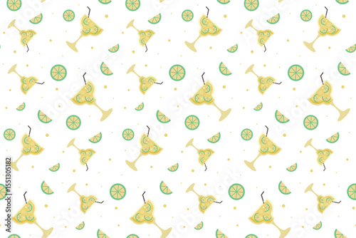 Seamless   pattern with cocktails on transparent background. Ornament with beverage. Cocktail concept. Margarita, lime, slice of lime. Repeat pattern.  Flat cartoon design. Vector illustration